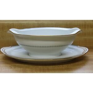 Noritake Maya Gravy Boat with attached Underplate White, Gold, Blue